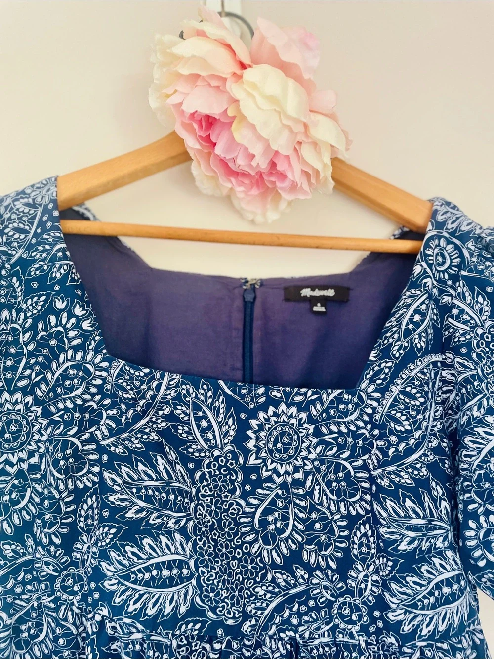 Madewell Poplin Puff-Sleeve Tiered Babydoll Dress Paisley Garden Blue White 6